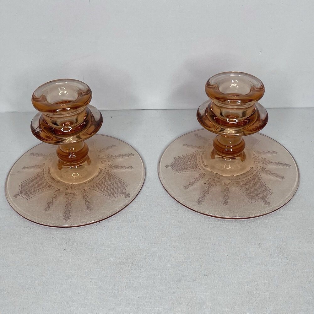 Vintage Pair Fostoria DIANA Pink Depression Glass Candle Stick Holders